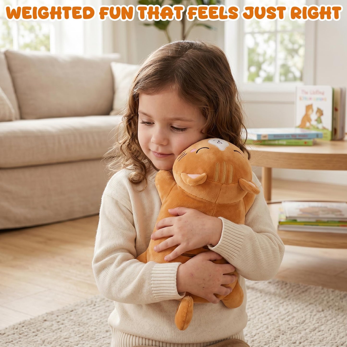TOYSYM Weighted Stuffed Animals Cat, Orange Cat Plush with Weighted Beads, Cute Cat Plushie Pillow Gifts for Adults Kids Boys Girls 9.8inch