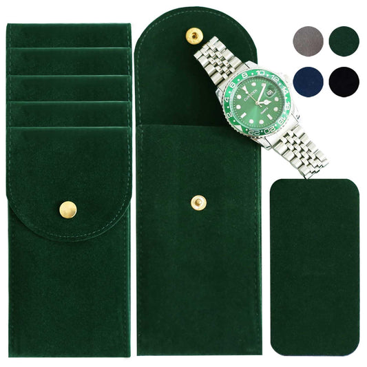 Bonaking 6PCS Velvet Watch Pouch, Green Portable Travel Case for Men & Women, Soft Watch Bag Storage