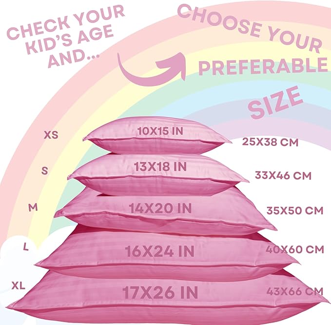 kinder Fluff Children Pillows for Bed (2X) 14x20in- The Only Kids Pillow 300T Cotton Shell & Down Alternative Fill - Travel Pillow for Children Bedding Set Sleeping Pillow Floor Bed Pillows- Pink- M