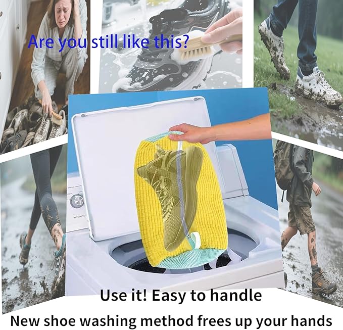 2Pcs Yellow Shoe Washing Machine Bags, Reusable Shoe Washing Bag for Machine Can Be Cleaned 360° Around.Durable Laundry Bag Side Zipper. Laundry Bag Suitable for Sizes of Different Sizes