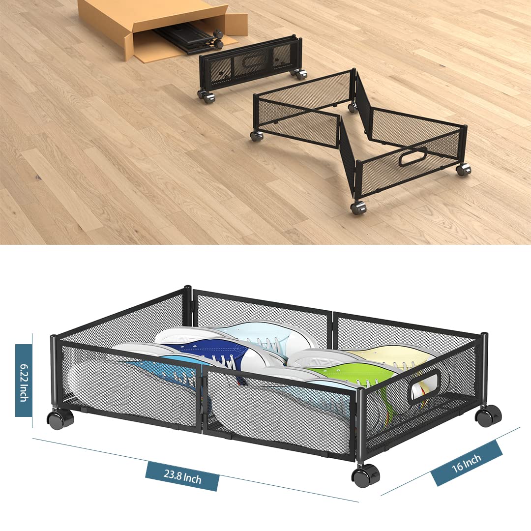 Under Bed Storage Containers, Shoe Storage With Wheels, Foldable Bedroom Storage Organization with Handles, Under Bed Storage Bins Drawer For Clothes, Blankets And Shoes, Bedding (2 Pack, Black)