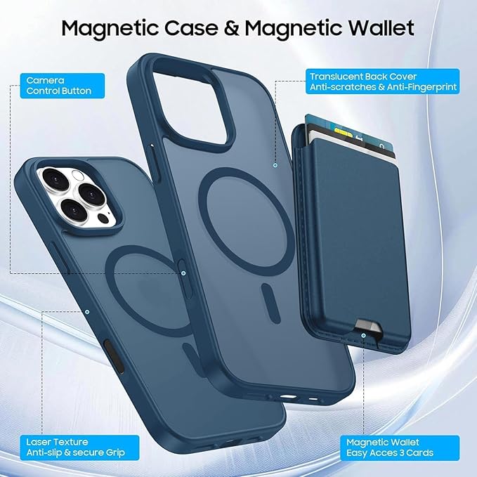 Ntwinro Magnetic for iPhone 16 Pro Max Case (Compatible with MagSafe) with Detachable Wallet & Card Holder for 3 Cards [RFID Blocking] Military Grade Protective Slim Phone Cover, Deep Blue