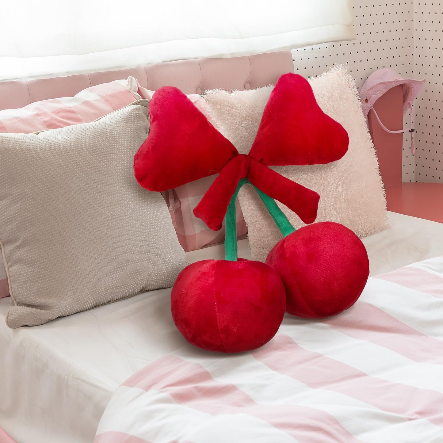 Beeveer Bow Cherry Throw Pillow Aesthetic Cute Coquette Room Decor Funny Preppy Stuff Gifts for Teen Girl Bedroom Living Room Sofa Bed Chair Decoration(Wine Red,Large)