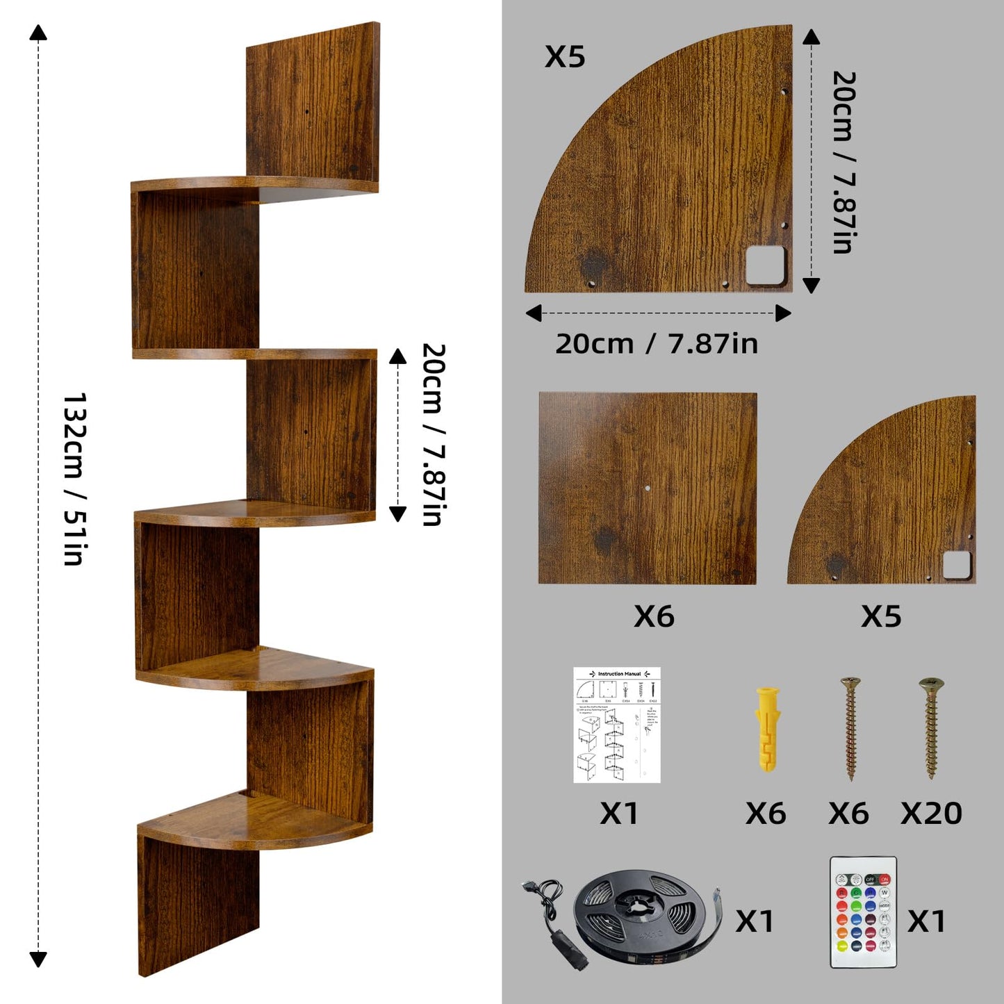 HAAYOT Corner Shelf Wall Mounted: 5-Tier Floating Shelves with Lights for Living Room, Bedroom, Home Office, Rustic Brown
