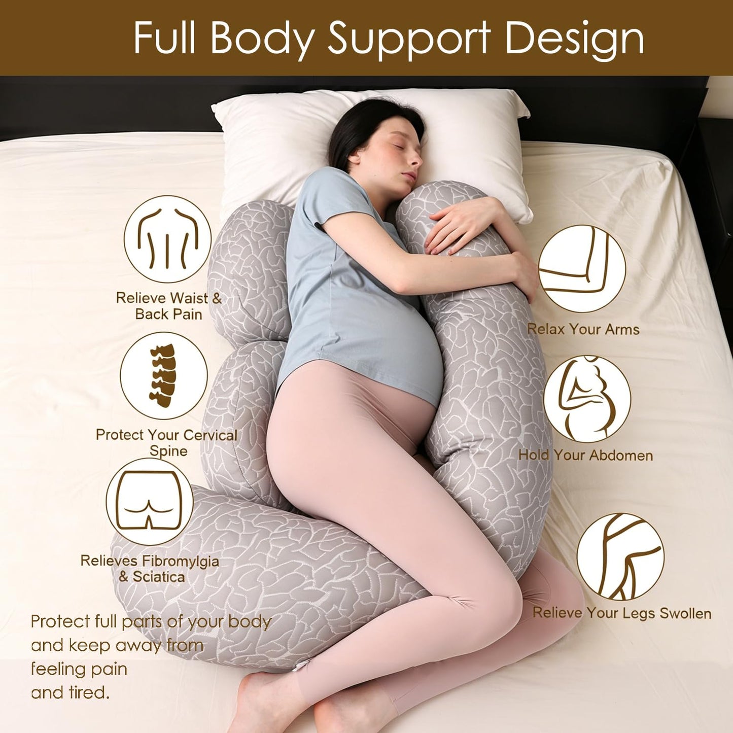 Chilling Home Pregnancy Pillow, F Shaped Maternity Pillow, Adjustable Pregnancy Wedge Pillow with Full Body Support for Back, Belly, Hips, Legs, Pregnant Pillows for Side Sleeping with Cooling Cover