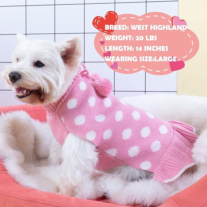 KYEESE Valentines Dog Sweater Dress, Warm Dog Sweaters for Small Dogs Girl Cats Dogs Clothes, Pullover Cozy Knit Pet Appare with Leash Hole, Pink Dot, S