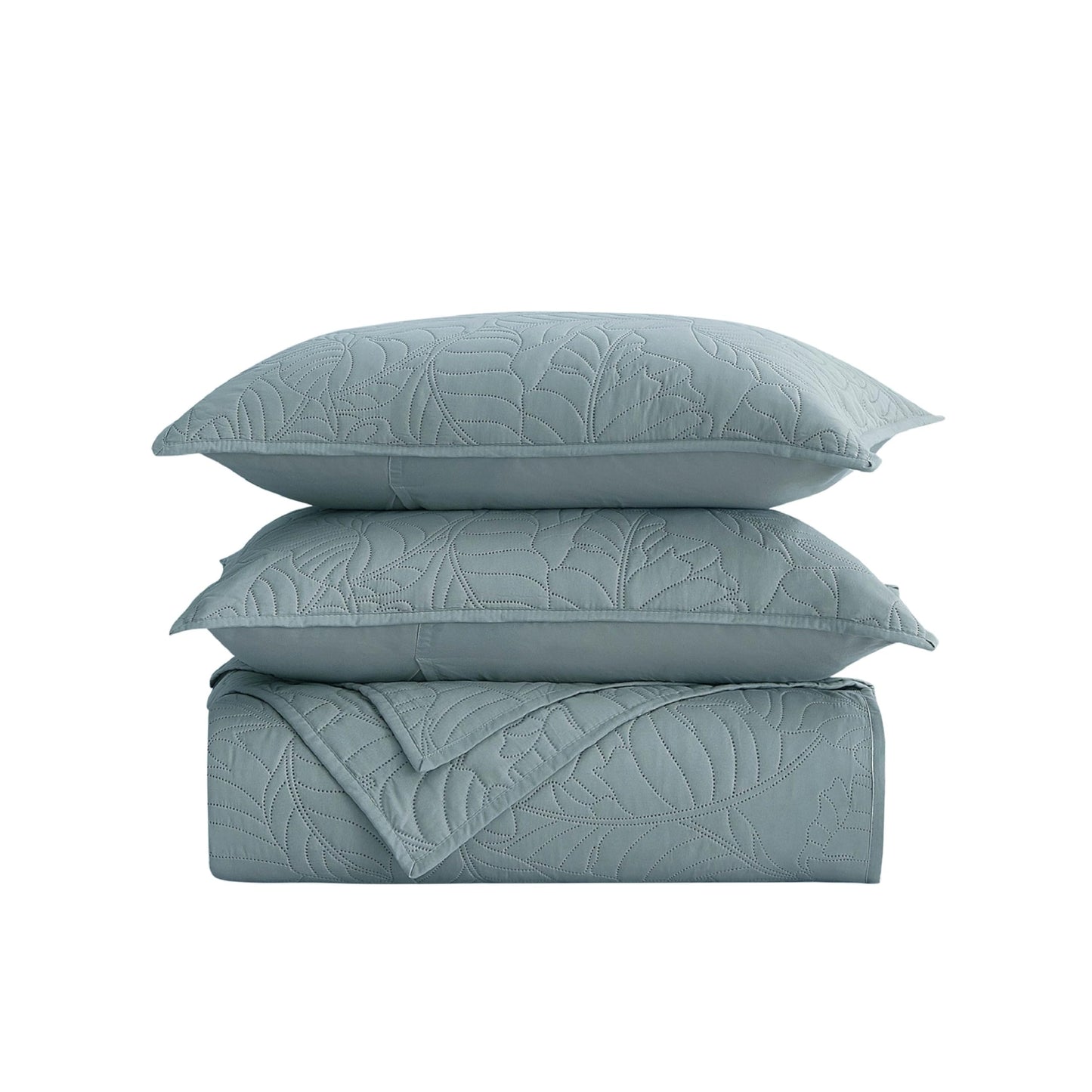 BOURINA Ultrasonic Quilt Set 3-Piece Bedding Set Pre-Washed Microfiber Ultra Soft Lightweight Leaf Bedspread Coverlet Set for All Season, Queen Aqua