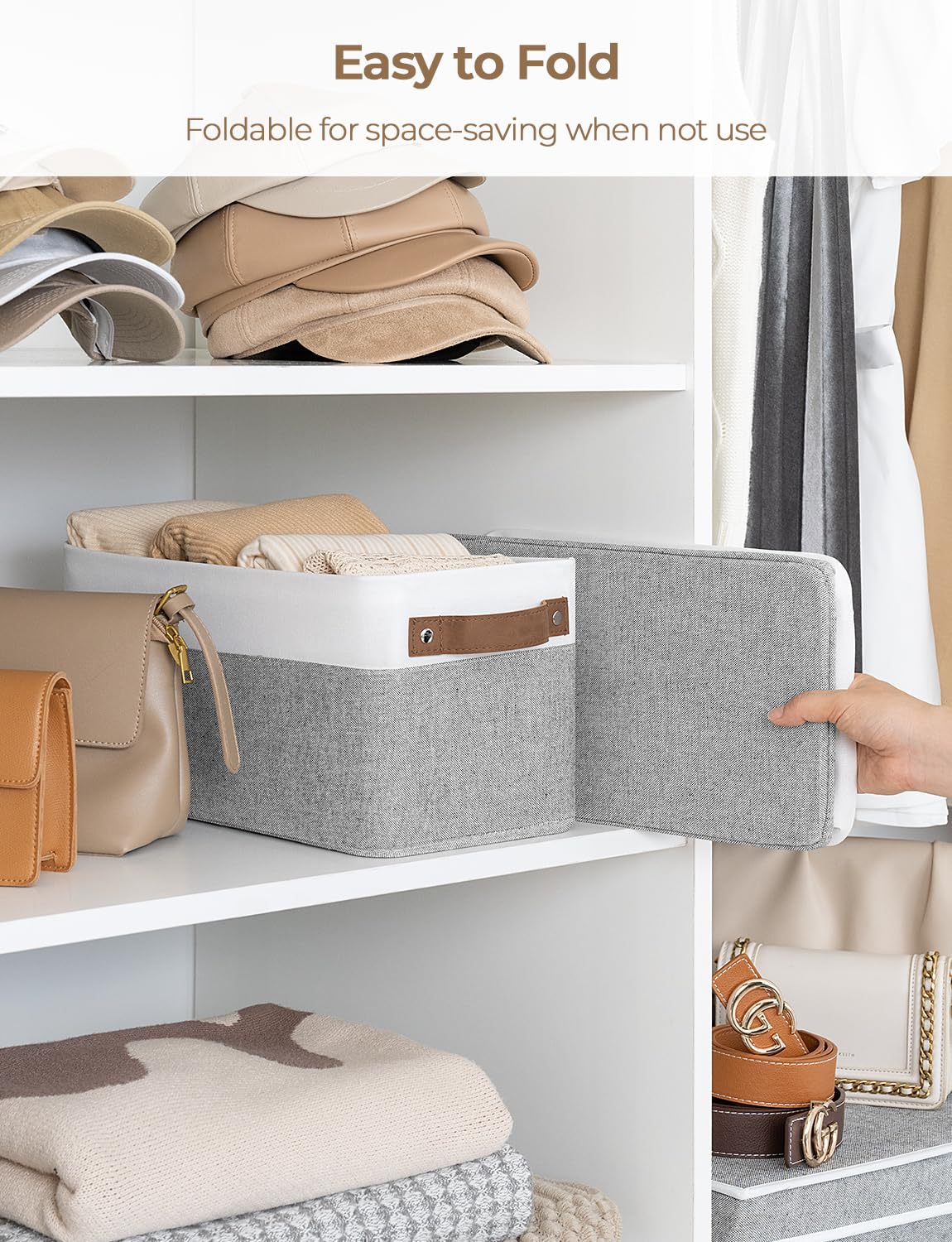 StorageWorks Narrow Storage Bins, Small Basket for Closet and Shelves, Rectangular Fabric Organizer with Handles, Toilet Paper Storage, Gray and White, 2-Pack