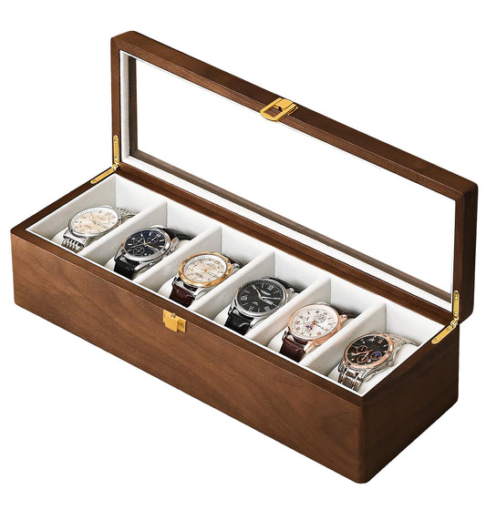 Solid Black Walnut Watch Box, 6 Slot Wooden Watch Organizer with Glass Lid, High-End Watch Display Case Jewelry Storage Box, Gift for Husband, Dad, Birthday, Anniversary, Father’s Day, Men and Women