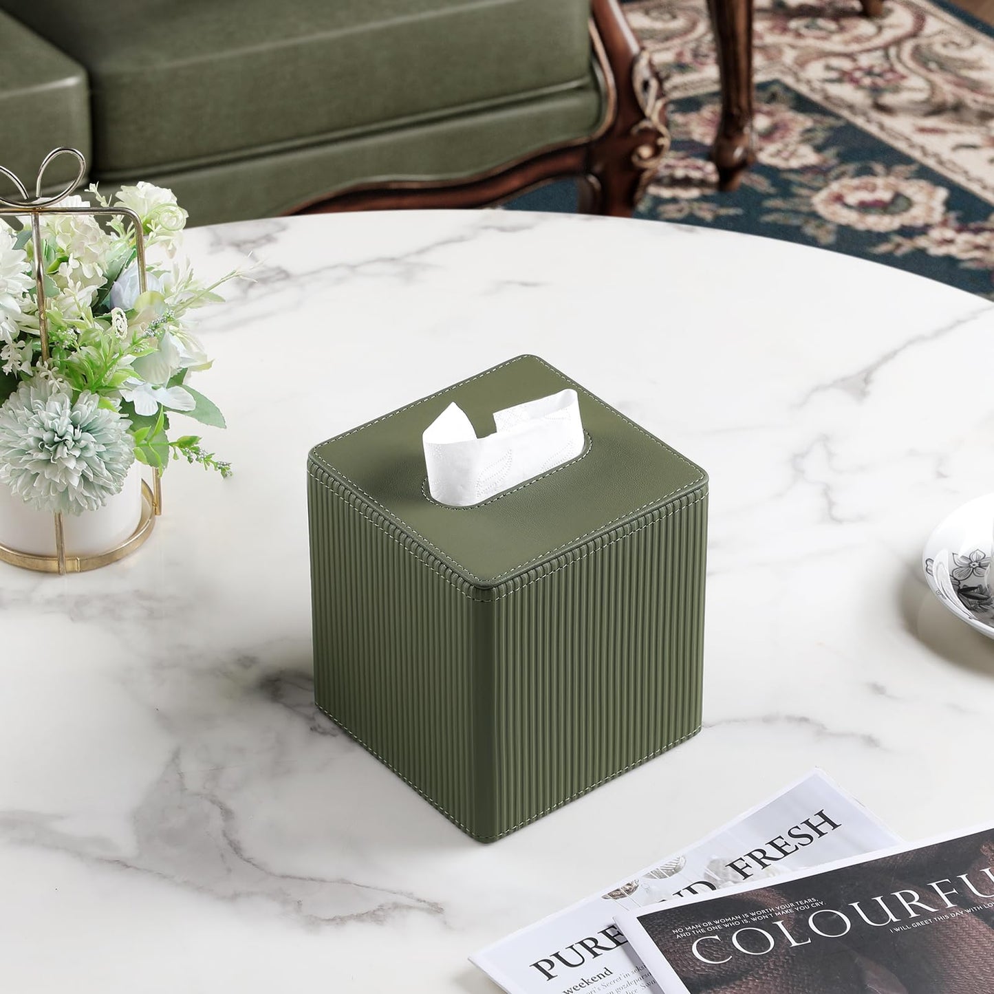 Cretkhp Tissue Box Cover Square with Magnetic Closure, PU Leather Tissue Box Holder for Bathroom NightStands Livingroom, Decorative Modern Square Tissue Holder (Green)