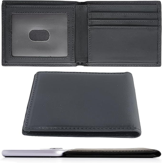 LnxLtw Men's Slim RFID Blocking Front Pocket Wallet | Minimalist Ultra-Thin Genuine Leather Bifold Wallet for Traveler with ID Window & Gift Box | Compact Black Credit Card Holder