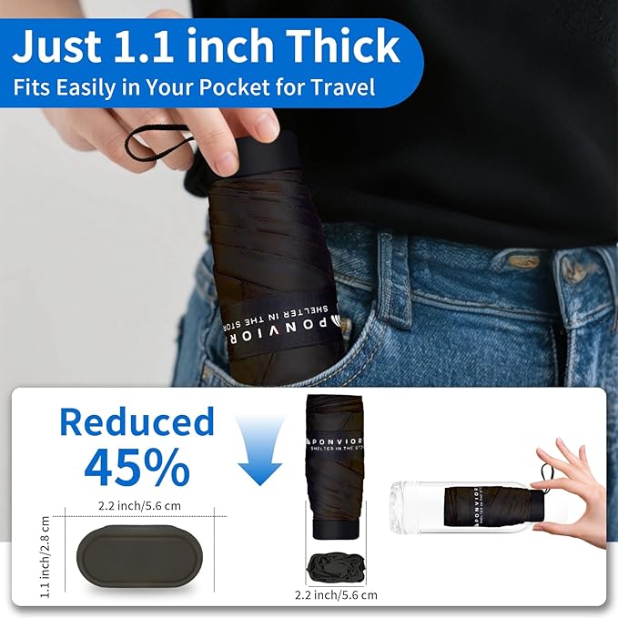 Compact Mini Windproof Travel Umbrella-UPF 50+ Sun & Rain Protection, Small Folding Design Fits in Pocket or Purse, Lightweight Portable with Case for Women, Men & Kids