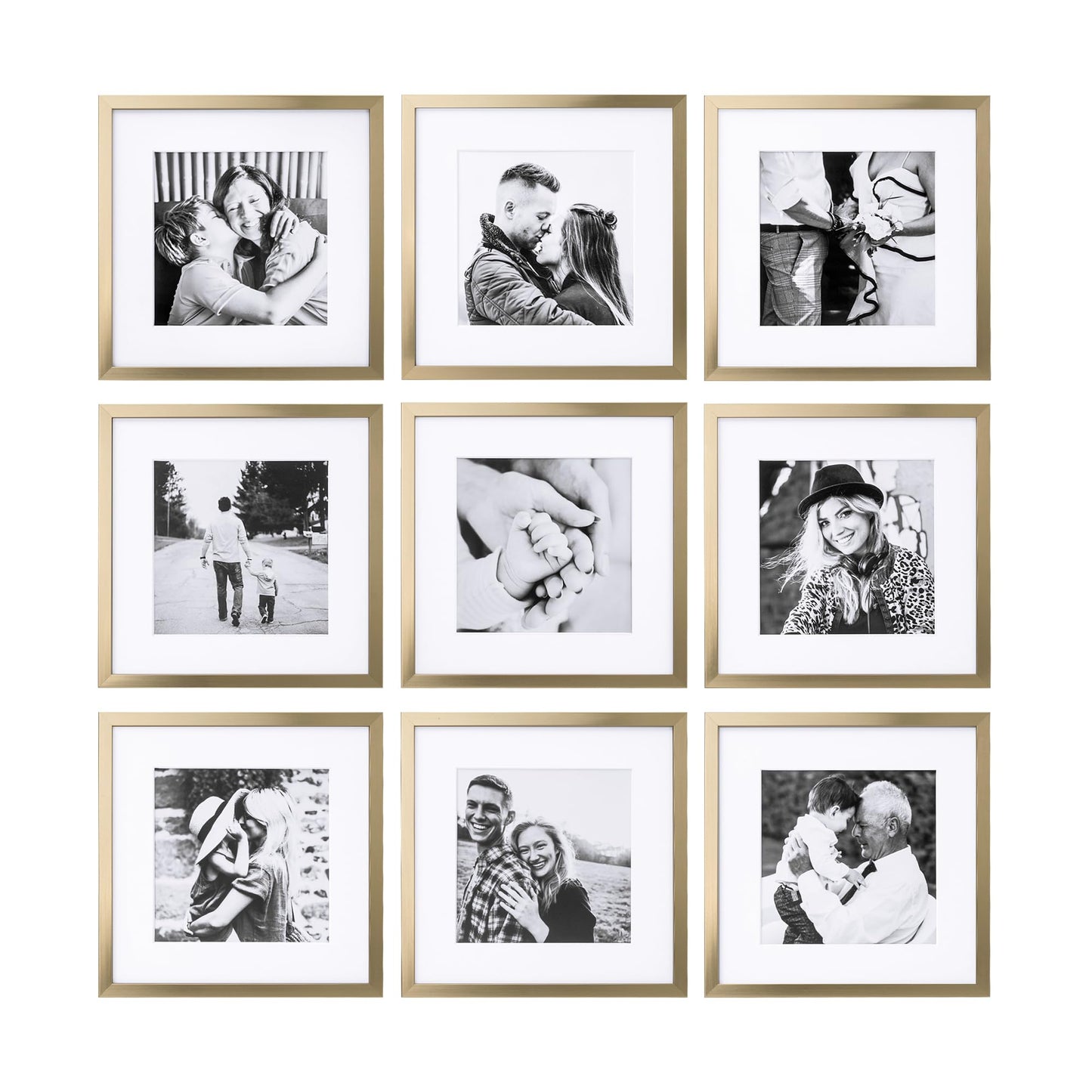 ArtbyHannah Square Gold Picture Frame, Wood Gallery Wall Frame Set Display Pictures 8x8 inch with Mat or 10x10 inch Without Mat, Wall Photo Collage Frame for Living Room Staircase Decoration (9 Pack)