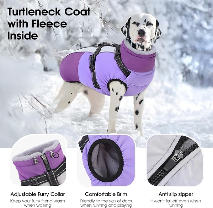 SUNFURA Dog Coat for Small Dogs, Warm Dog Winter Jacket with Harness Built in, Waterproof Pet Snow Jacket Fleece Cold Weather Coats for Puppy Chihuahua, Maltese, Purple XS