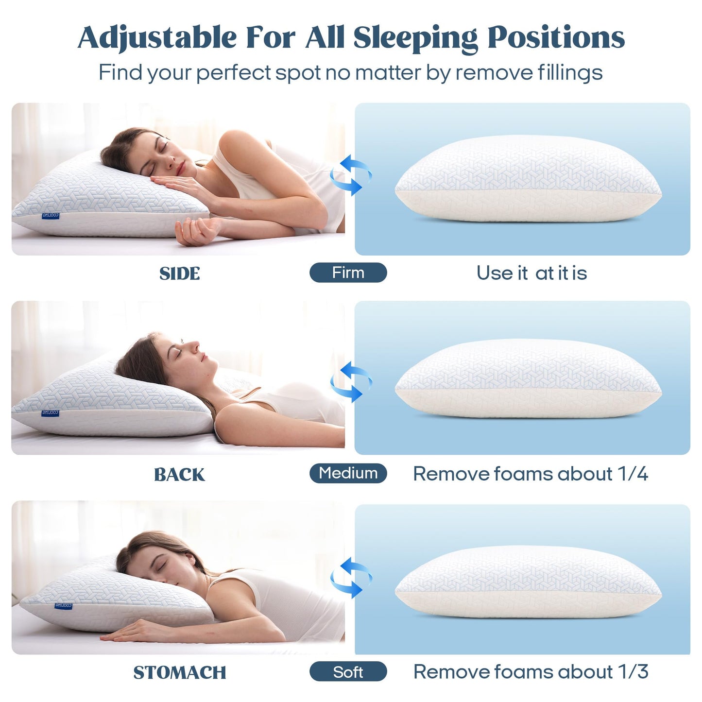 puredown® Cooling Pillows King Size Set of 2, Memory Foam Pillows Adjustable Firm Bed Pillows for Sleeping, Cool Pillow for Hot Sleepers with Zipper Removable Pillow Cover