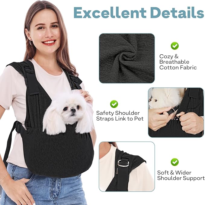 Supet Dog Carrier Sling for Small Dogs, Front Facing Cat Sling Carrier Chest, Hands Free Pet Sling Carrier, Adjustable Dog Front Carrier, Reducing Back Pain, Anti Pet Anxiety (Black, Regular)