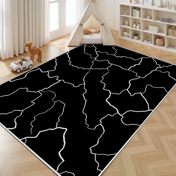 Abstract Rugs for Living Room - Modern Washable Area Rug, 5x6 Abstract Black and White Rug, Minimalist Rugs,Carpet Non Slip Home Decor
