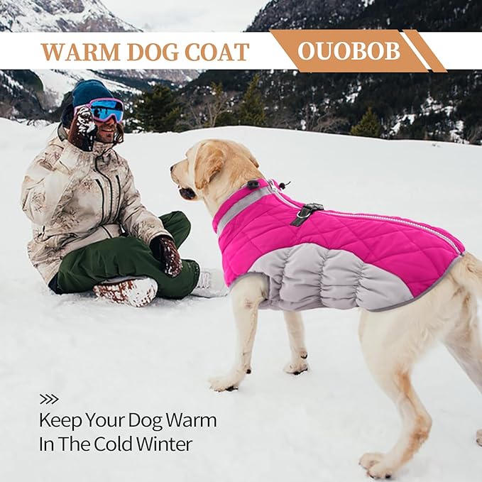 OUOBOB Small Dog Coat,Dog Jackets for Small Dogs,Warm Winter Jacket, Puppy Coat with Harness Built in,Waterproof Dogs Jacket,Puppy Cold Weather Coats,Winter Clothes Snowsuit Shih Tzu Bichon,Rose Red