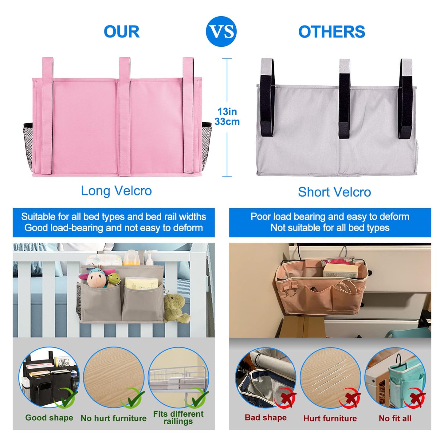 Surblue Caddy Hanging Organizer Bedside Storage Bag for Bunk and Hospital Beds, Pink, L