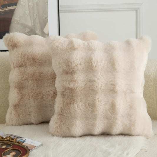 MANDIOO Pack of 2 Thick Plush Wool Decorative Throw Pillow Covers Super Soft Wave Bubble Fur Velvet Cushion Covers Pillow Shams for Couch Bed Living Room 16x16 Inch Beige