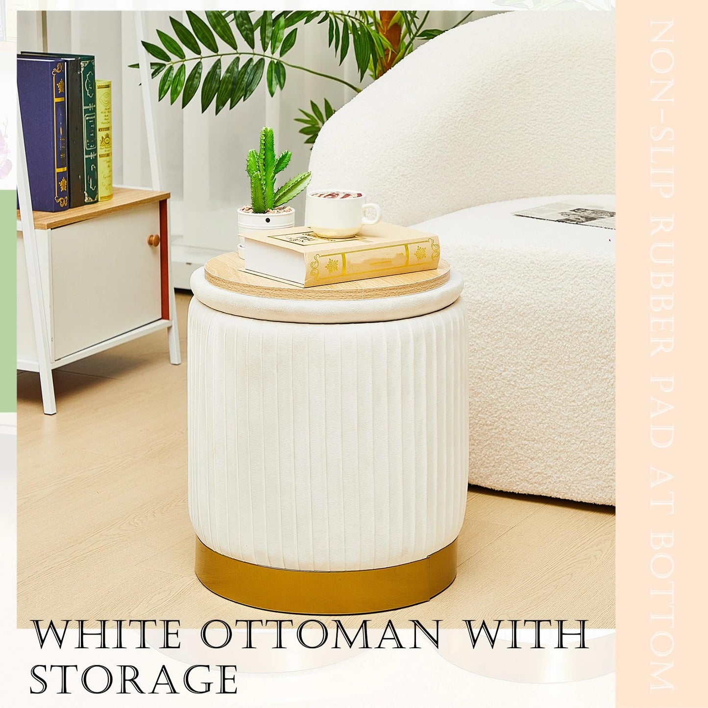 Barydat 2 Pcs Round Ottoman with Storage White Velvet Storage Ottoman Stool with Removable Lid Gold Base for Dorm Living Room Bedroom