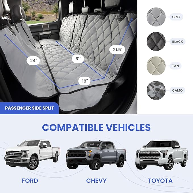 4Knines Bench Seat Covers for Trucks with Dog Hammock & Split-Tech - Rear Seat Protector for Dogs Fits Full Size Crew Cab with Split Bench Seats - Waterproof Dog Seat Cover (Passenger Side, Beige)