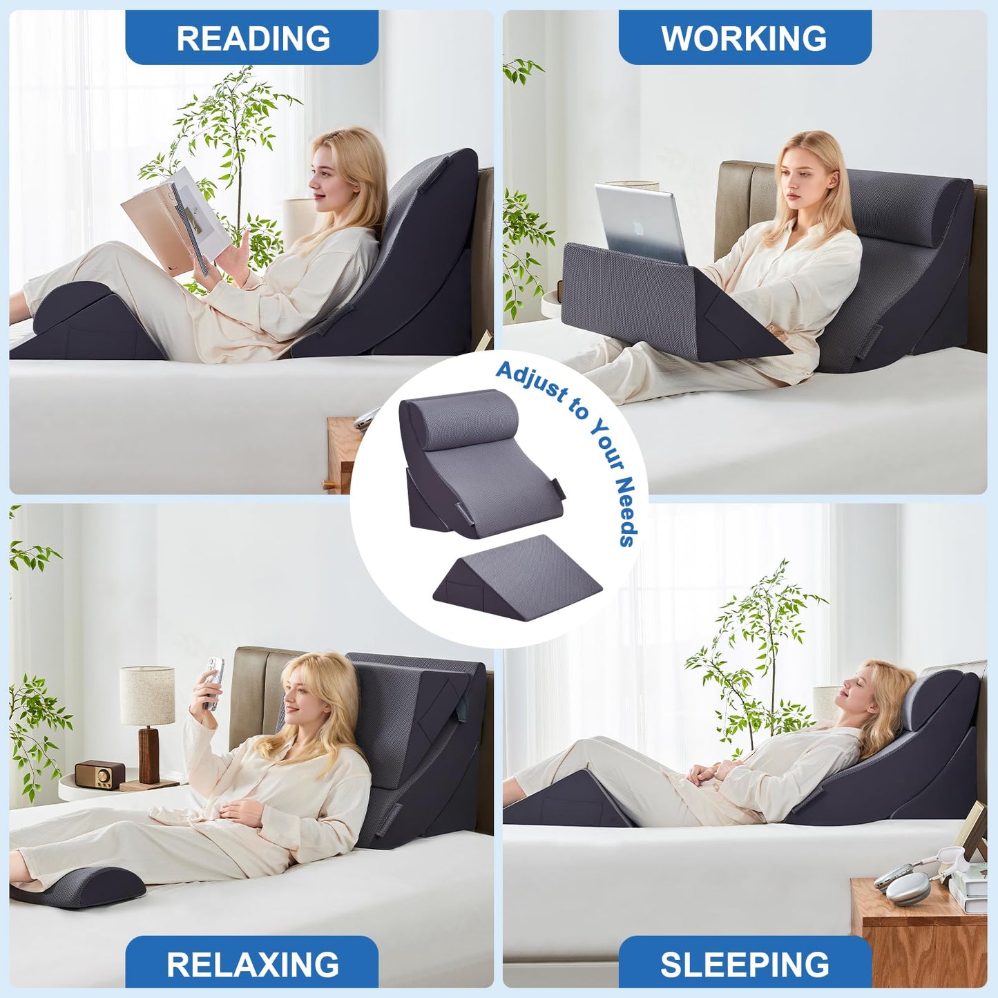 Paxato 4PCS Bed Wedge Pillow Set for After Surgery, Orthopedic Wedge Pillows for Sleeping, Back, Neck and Leg Pain Relief, Adjustable Memory Foam Support Pillows for Acid Reflux, GERD & Snoring, Grey