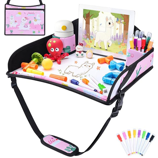 COOLBEBE Kids Travel Tray for Toddler Car Seat, Travel Tray for Airplane, Toddler Car Seat Lap Tray, Carseat Table Tray for Kids Travel Activities (Pink Alpaca)