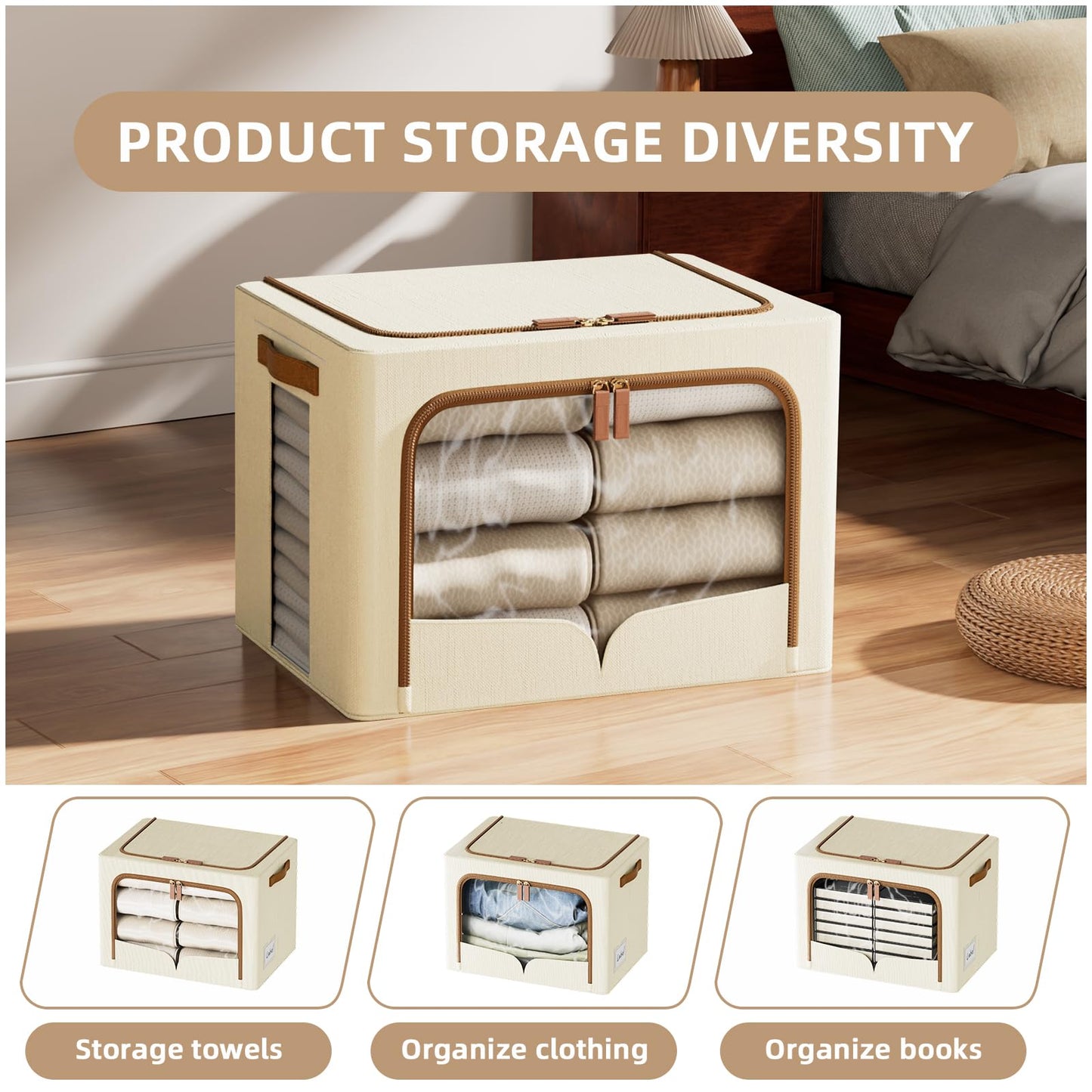 FHSQX 6 Pack Clothes Storage Bins - Foldable Storage Bins for Clothes Fabric Storage Box with Metal Frame (Beige, 16.5x12.2x12.2 inch)