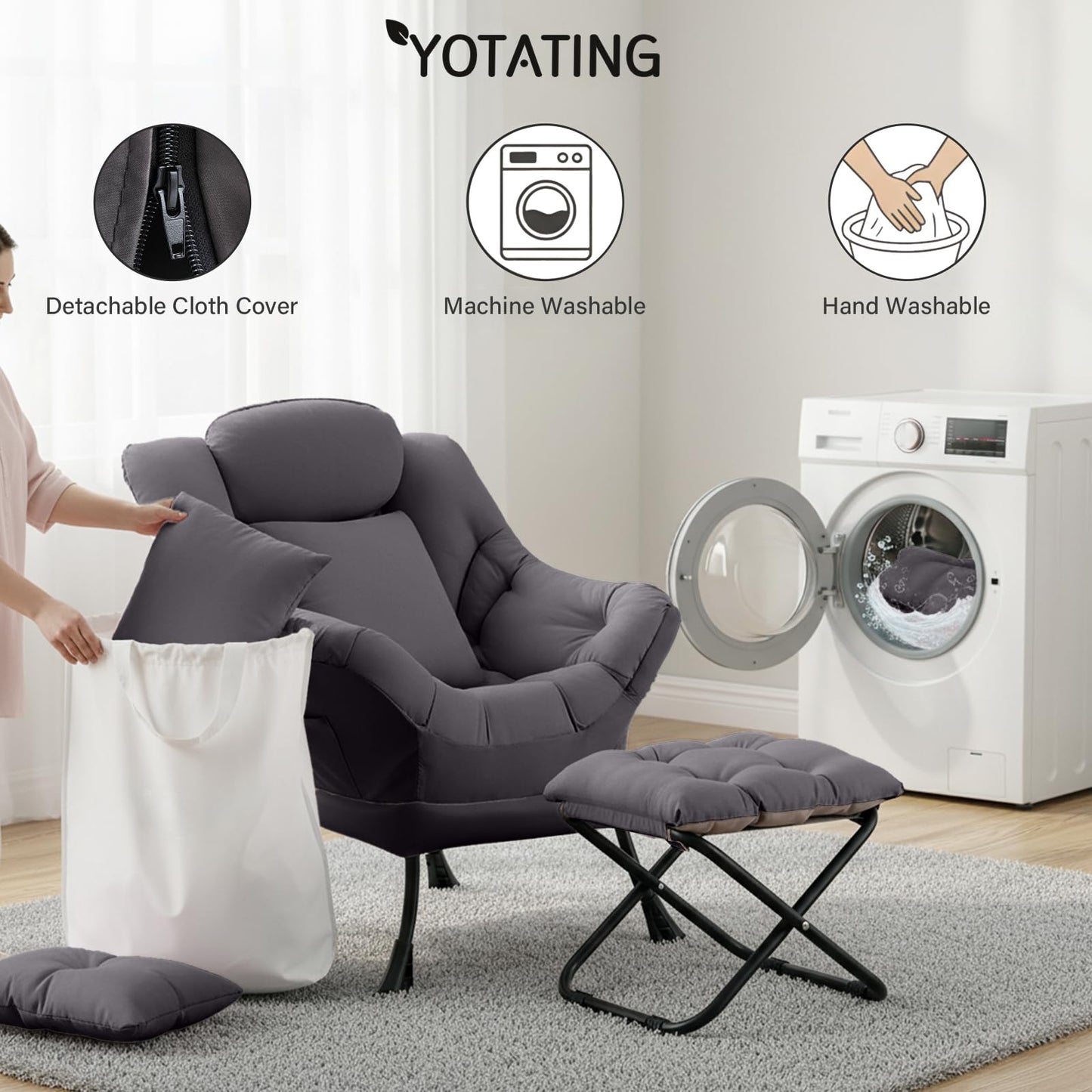 YOTATING Lazy Chair with Ottoman, Modern Accent Leisure Sofa Chair with Footrest Stool & Throw Pillow, Modern Lounge Chair with Armrests for Living Room, Dark Grey