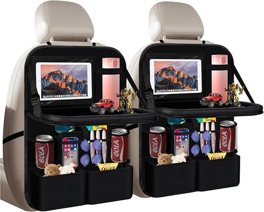 The car rear seat storage unit comes with a flat rack, 13 storage compartments, a foldable tray table, a rear seat kick pad, and can hold snacks and toys. It's black (1 piece【Dining table style】)