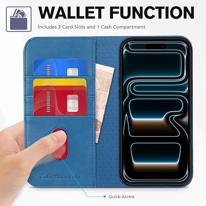 TUCCH Wallet Case for iPhone 17 Pro Max (6.9-Inch) 2025, 3 Credit Card Slot | RFID Blocking | Stand | PU Leather | Shockproof TPU Interior Shell | Protective Flip Folio Cover | Lake Blue