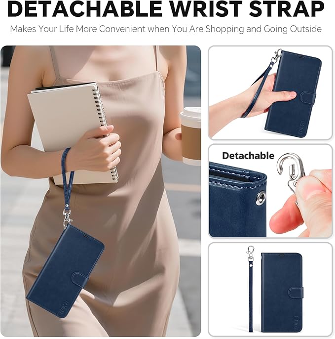 TUCCH 2-in-1 Detachable Wallet Case for iPhone 17 Pro Max 6.9" 2025, RFID Blocking | 4 Card Holders | Wireless Charging | Wrist Strap | Kickstand | Magnetic | PU Leather Protective Cover | Dark Blue