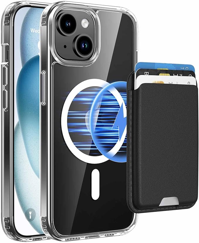 Ntwinro Magnetic for iPhone 13 & iPhone 14 Clear Case (Compatible with MagSafe) with Black Detachable Wallet & Card Holder for 3 Cards [RFID Blocking] Military Grade Protective Slim Phone Cover