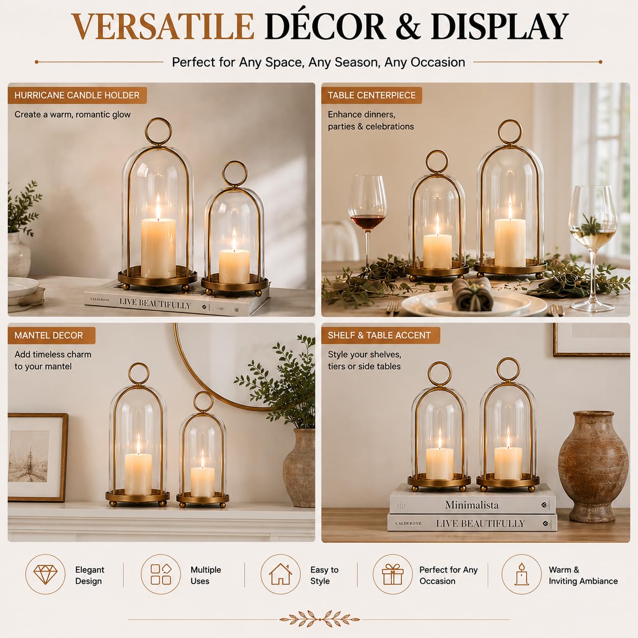 GYKLE Set of 2 Candle Lantern, Candle Holders with Glass Dome 10" & 7.87"