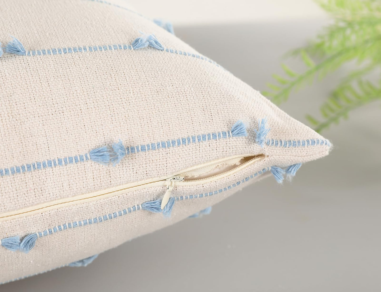 NUYECY Set of 2 Boho Throw Pillow Covers 16x16,Light Blue and White Neutral Couch Pillow Case with Tassel Fringe Decorative,Modern Accent Farmhouse Cushion Covers for Sofa Couch Bed Living Room