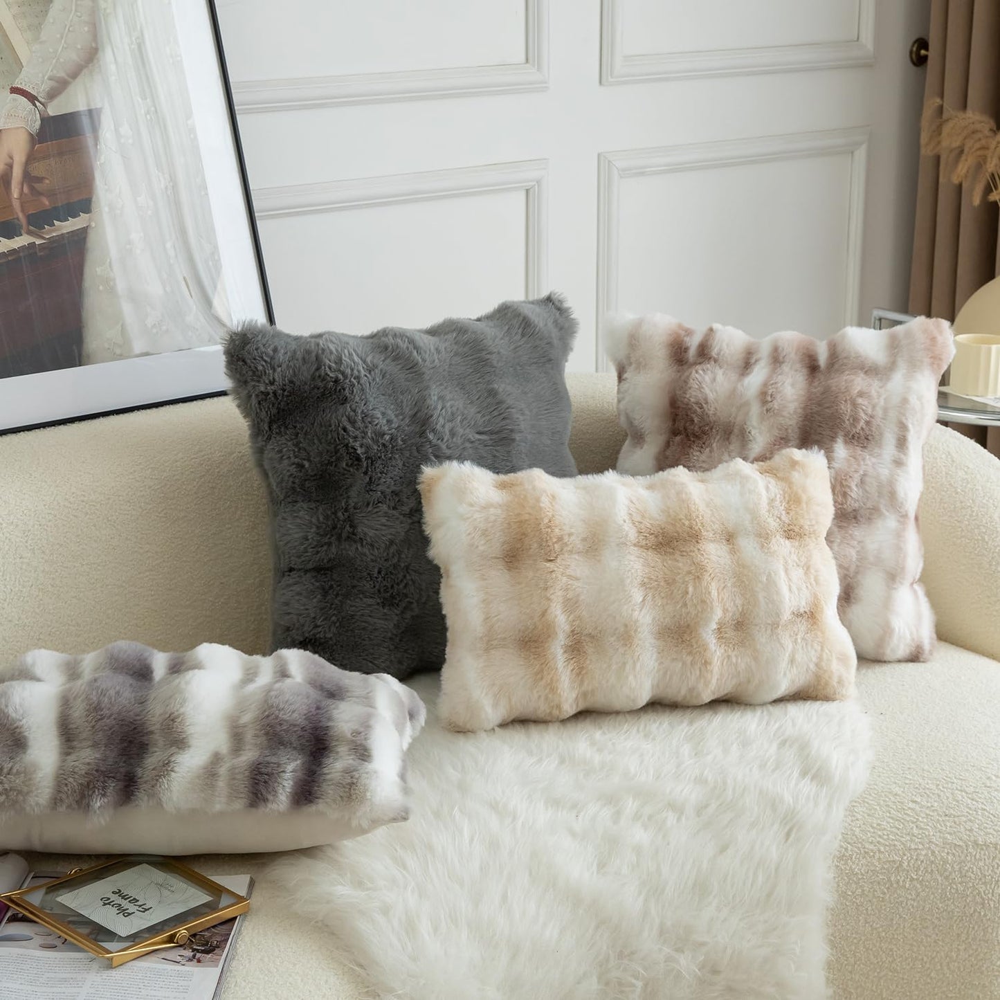 MANDIOO Pack of 2 Thick Plush Wool Decorative Throw Pillow Covers Super Soft Wave Bubble Fur Velvet Cushion Covers Pillow Shams for Couch Bed Living Room 16x16 Inch White Gray