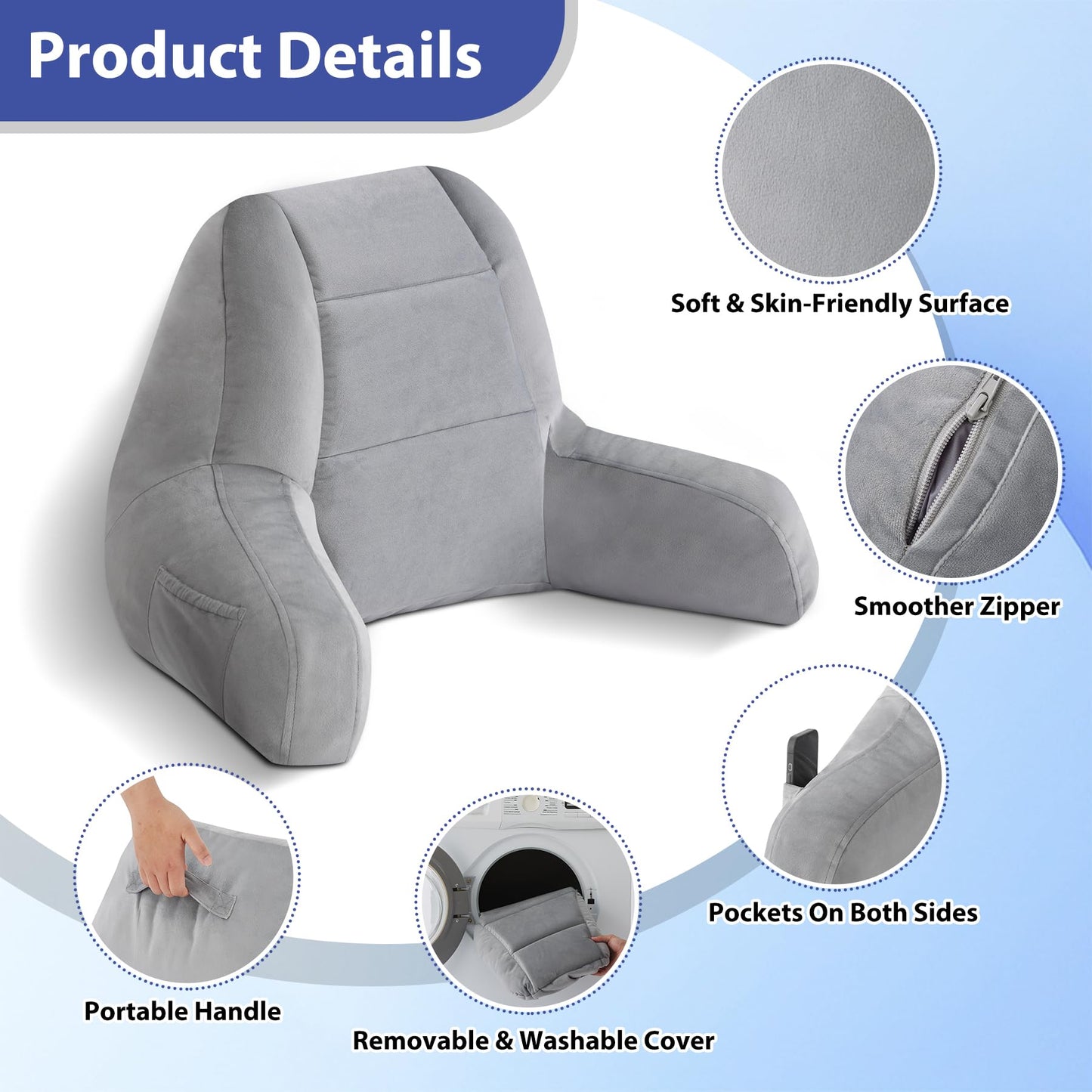 IASEAHK Back Pillow for Bed Sitting Up, Reading Pillows for Beds, Bed Pillow for Sitting up, Backrest Pillows with Arms for Adult, Filled with Shredded Memory Foam for Beds, Couch, Floor, Light Grey