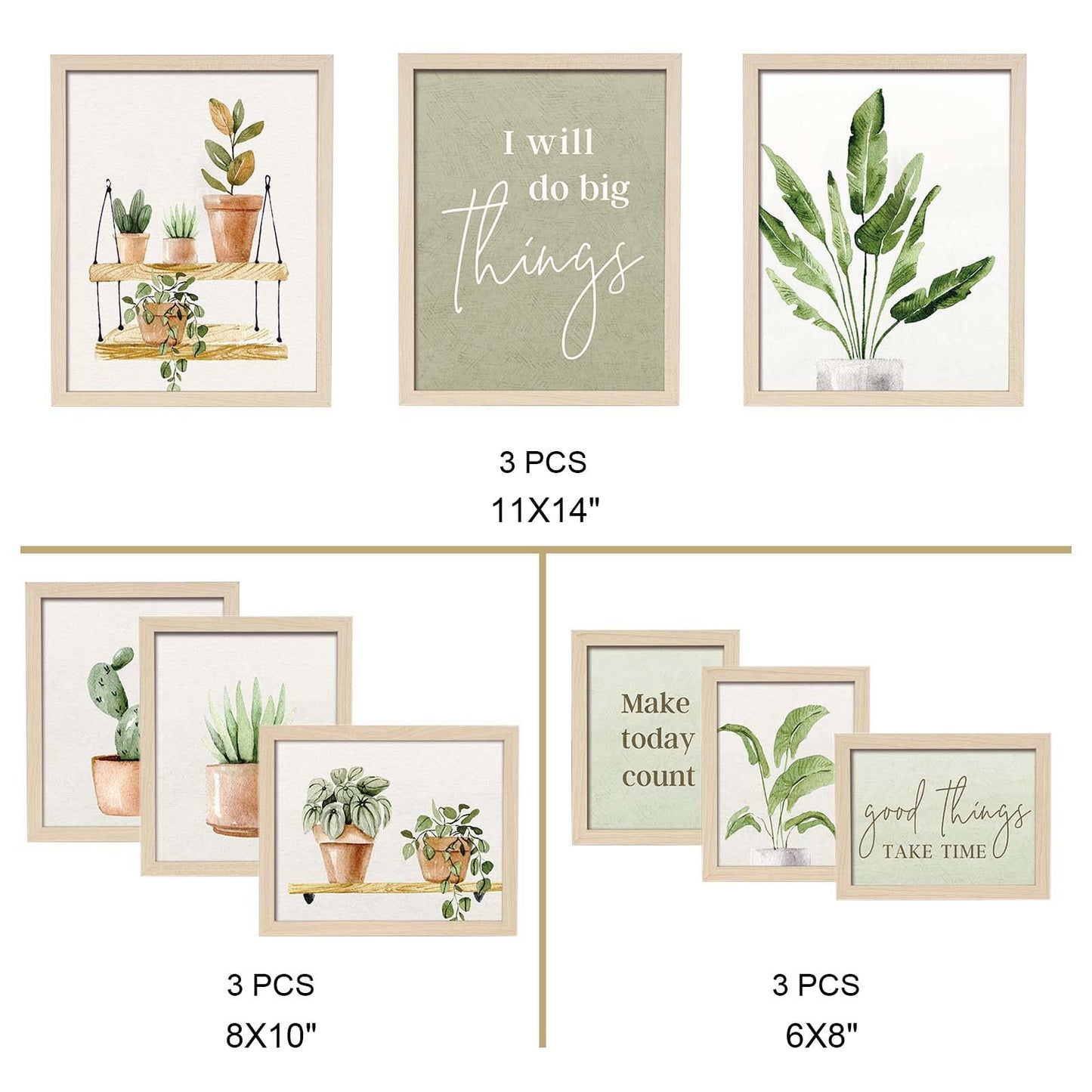 ArtbyHannah 9-Piece Botanical Gallery Wall Art Set, Sage Green Plant Prints with Wood Frames, Neutral Decor for Modern Living Room Bedroom Staircase Nursery