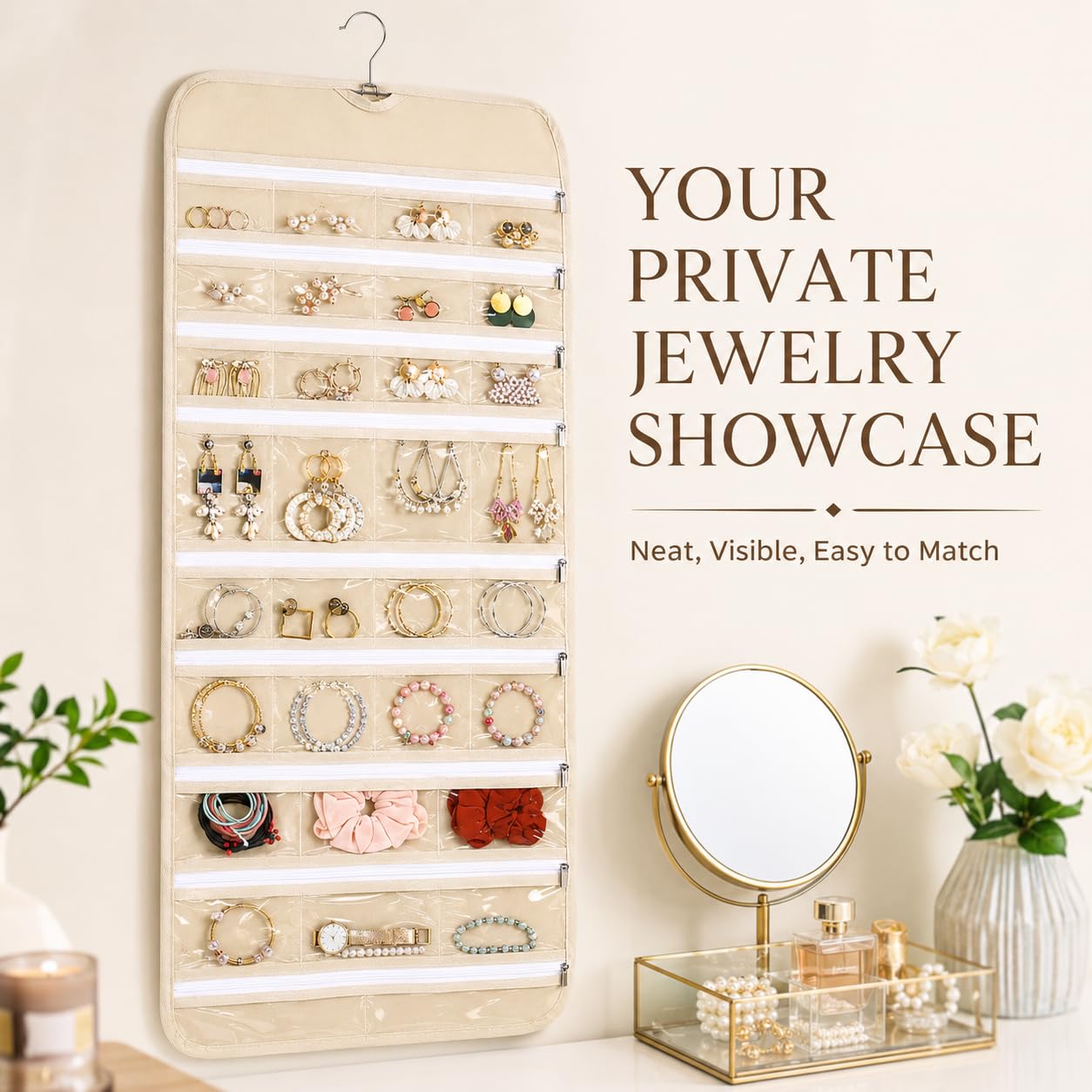 Cabilock 66 Pockets Hanging Jewelry Organizer, Double Sided Zippered Earring Holder with Clear Pockets, Space Saving Necklace Bracelet Ring Storage Bag for Closet, Door, Wall and Travel, Beige 1pcs