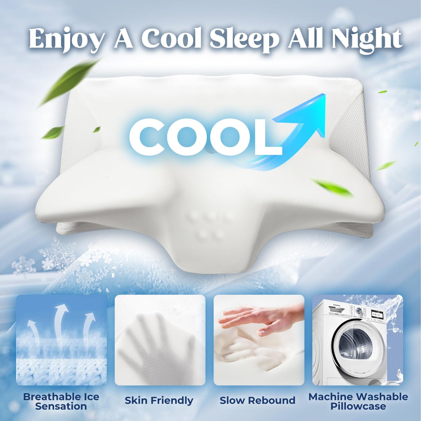 Cervical Pillow for Neck Pain Relief, Cooling Contour Memory Foam Pillows Support Odorless Ergonomic Neck Pillow Adjustable Orthopedic Bed Pillow for Side Back Stomach Sleeper,White