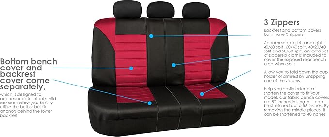 FH Group Automotive Car Seat Covers Full Set Premium 3D Air Mesh Front Seat Covers, Airbag Compatible & Split Bench Cover Universal Fit Interior Accessories for Cars Trucks and SUVs - Red