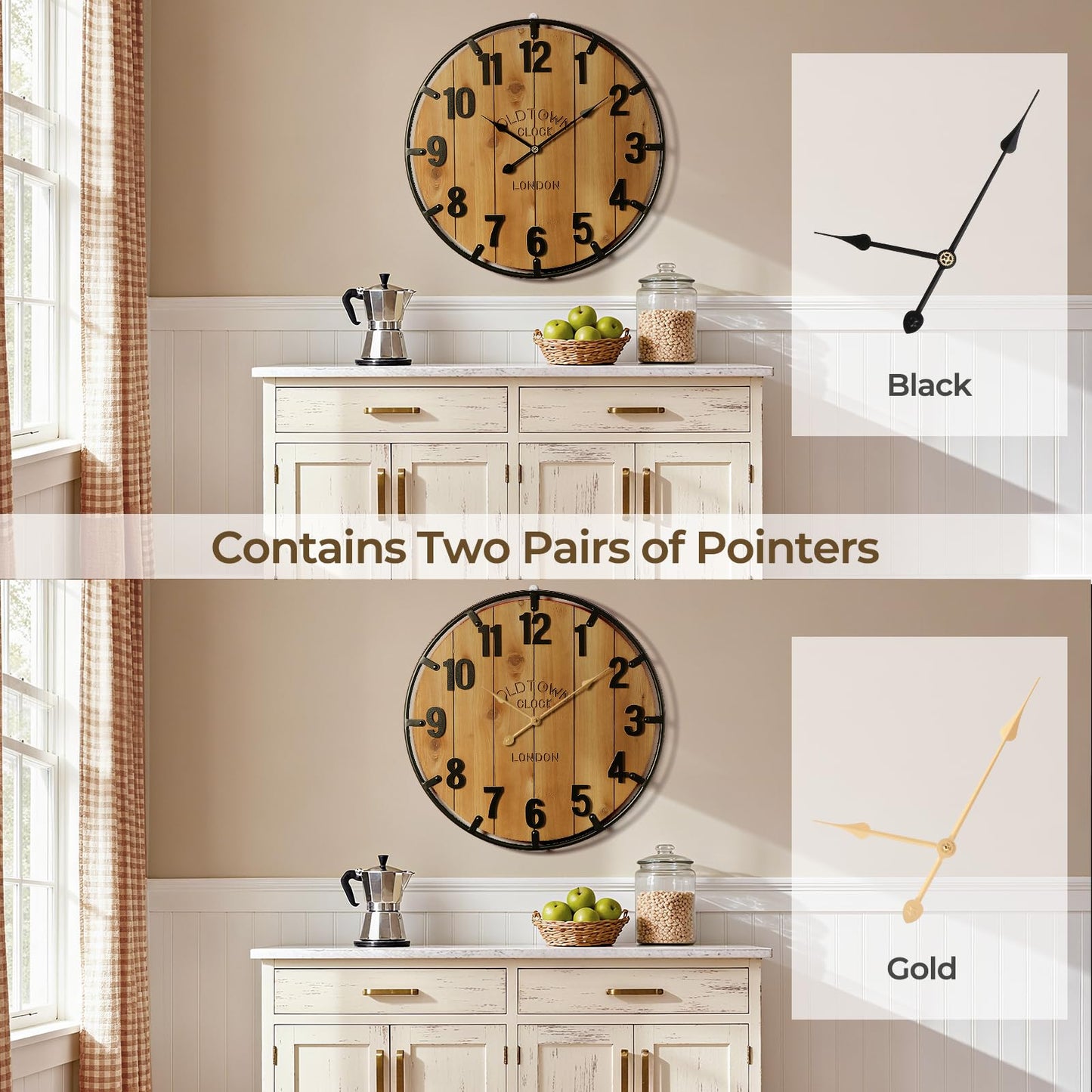 Vantic Farmhouse 30 Inch Extra Large Decorative Wall Clock with Metal Circlee, Oversized Wood Wall Clock with Large Arabic Numeral for Living Room, Bedrooms and Offices, Silent and Battery Operated