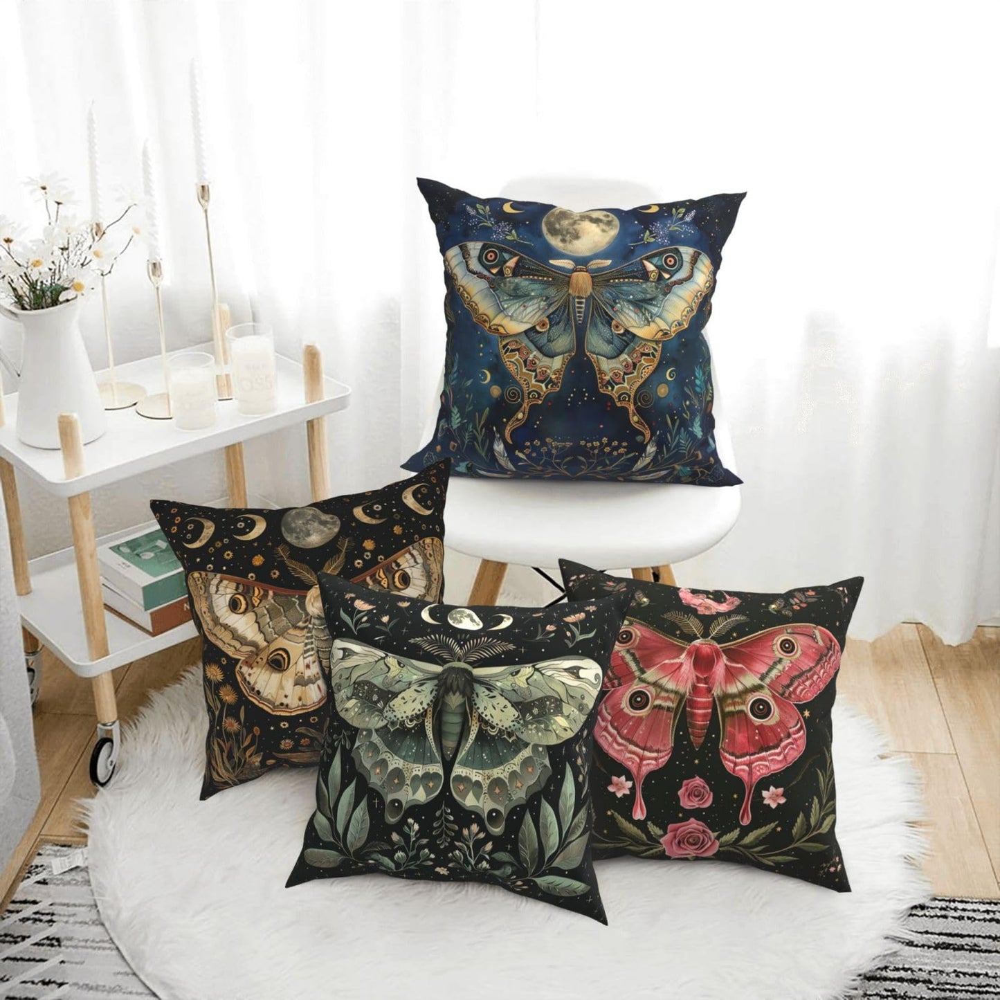 Tropical Flowers Butterflies Pillows Cover Set of 4 Moon Phase Moth Decor Throw Pillow Covers Goth Pillowcase Cushion Case Boho Leaves Pillow Decorative for Couch Sofa Home Office Outdoors 16x16 Inch