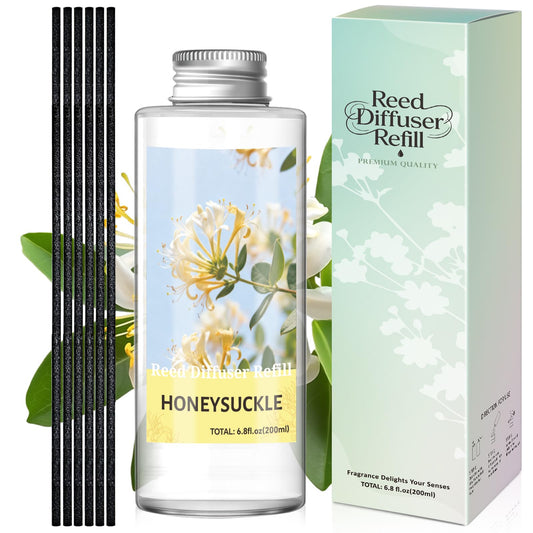 STRN Reed Diffuser Oil Refill, Honeysuckle Scented Diffuser Oil Refills with 6 Reed Sticks 200ML(6.8fl.oz), Room Fresheners for Home, Long-Lasting Summer Fragrance for Living Room, Bedroom, Office