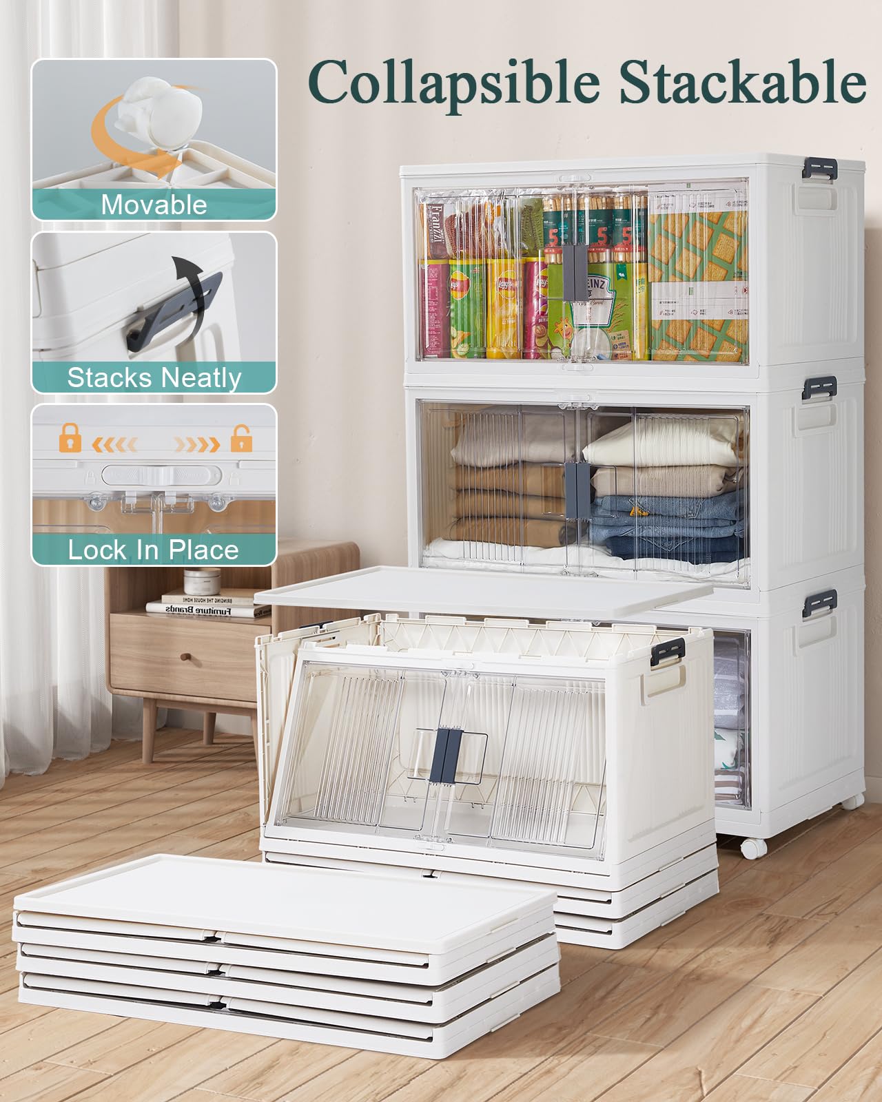 OlarHike 97QT Stackable Lockable Storage Bins with Lids - Folding Cabinet with Doors & Wheels, Collapsible Plastic Drawers for Closets and Organization, Garage, Shelves, College, School, 3 Pack Cubes