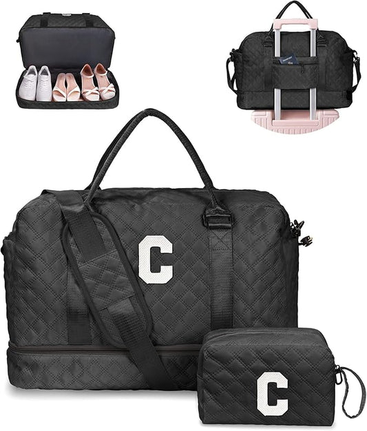 Vogewood Birthday Gifts-for Women-Initial Duffle Bag with Shoe Compartment, Personalized Weekender Bag, Monogram Overnight Bag, Letter Travel Bag with Makeup Bag，Friend Wife Birthday Gift (Letter C)