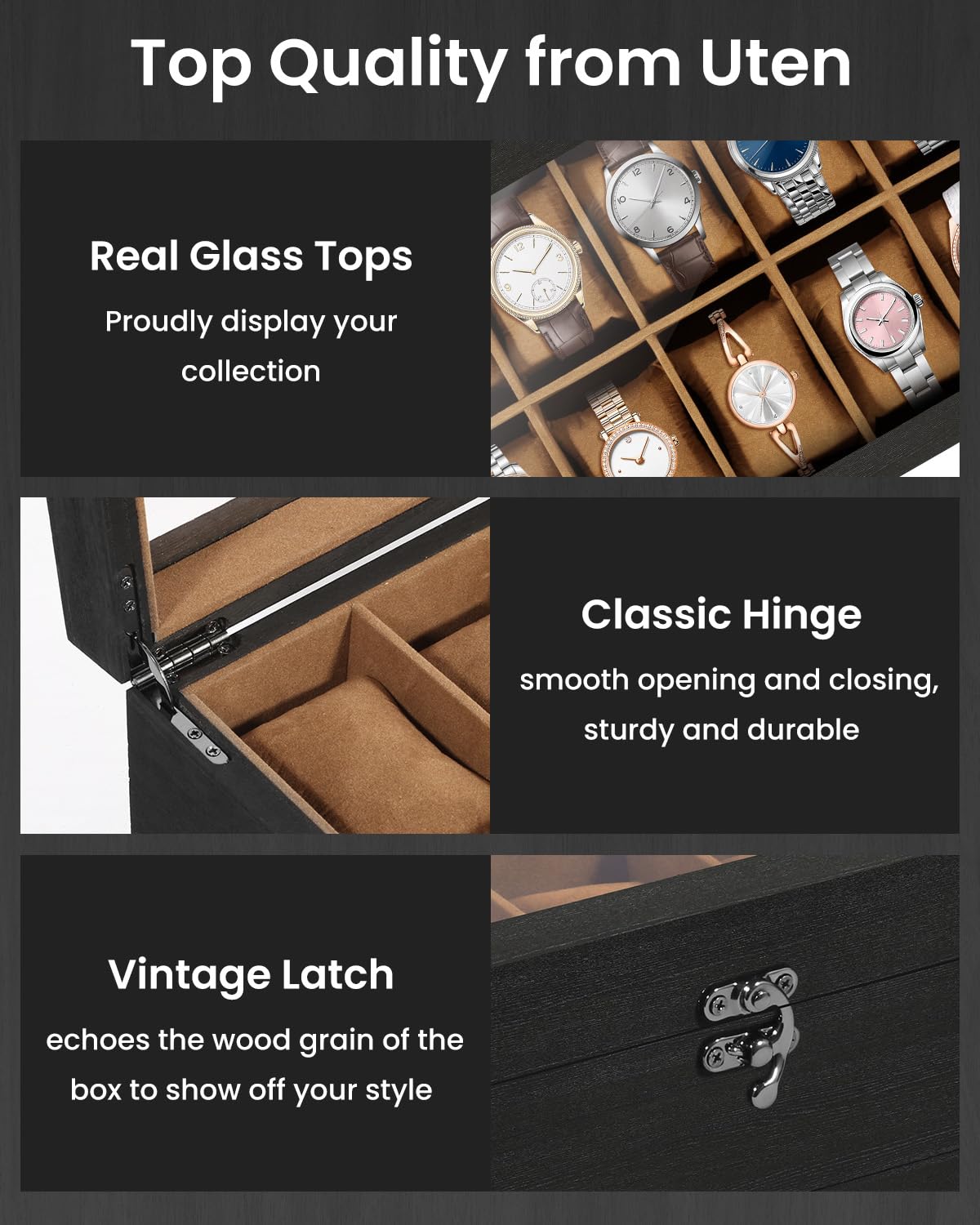 Uten 10-Slot Watch Box, 2-Layers Solid Wood Watch Display Case with Glass Lid, Watch Holder Organizer with Soft Pillow and Velvet Lining, Watch and Jewelry Storage Box, Brown