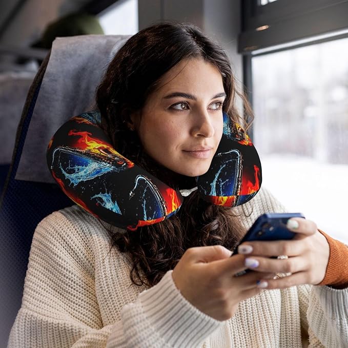 Neck Pillows for Travel Water Fire Saxophone, Women and Men Airplane Car Pillow, Neck Support U Shaped Pillow for Rest Pain Relief Sleeping