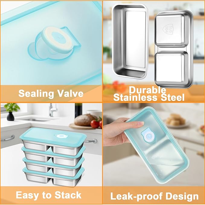 vovoyager Stainless Steel Snack Containers with Lids, Reusable Bento Lunch Container Box, Food Storage, Leak Proof, Dishwasher-Safe, Grab and Go for Work, 1 Single + 1 Double Compartment